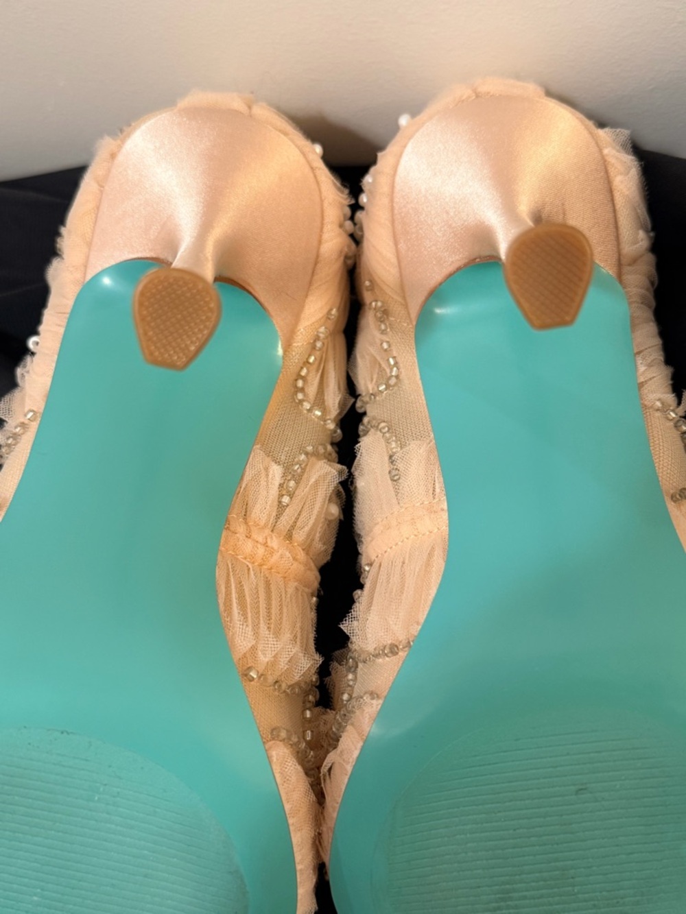 Betsey Johnson Nude Beaded Tulle Pointed Pump with Teal Heel - Picture 7 of 11